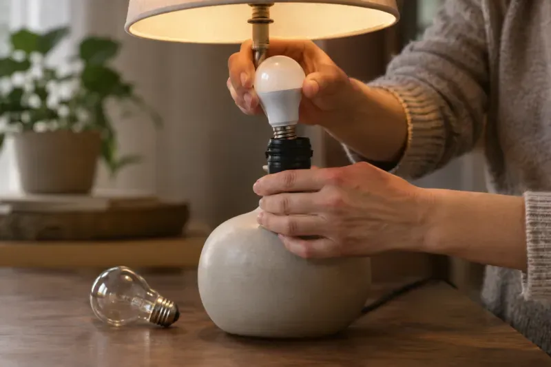 Mani che avvitano una lampadina LED in una lampada da tavolo, accanto a una vecchia lampadina