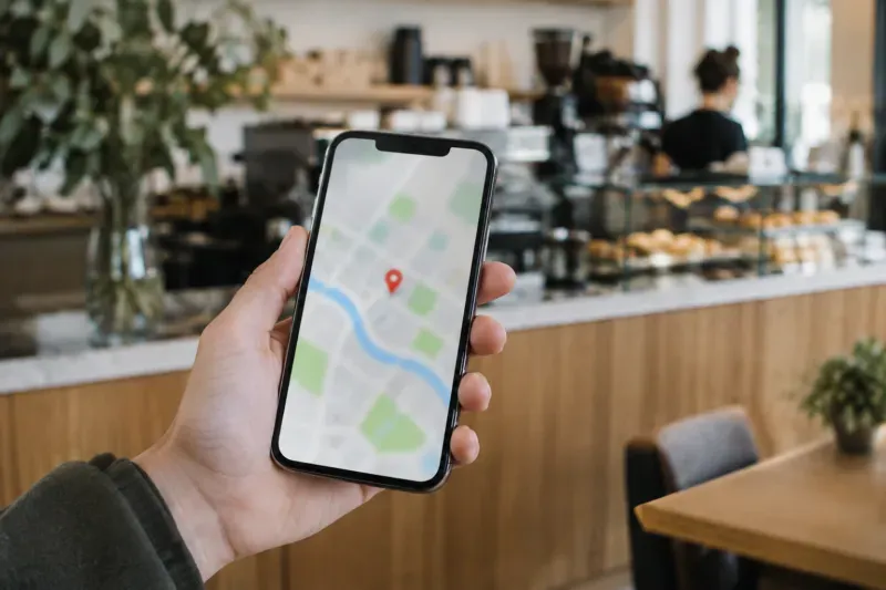 Mano che tiene uno smartphone con una mappa e un segnaposto, sullo sfondo il bancone di un bar