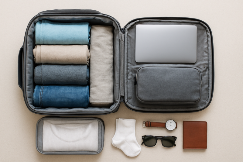 Organizzazione interna di uno zaino viaggio aereo con vestiti e accessori